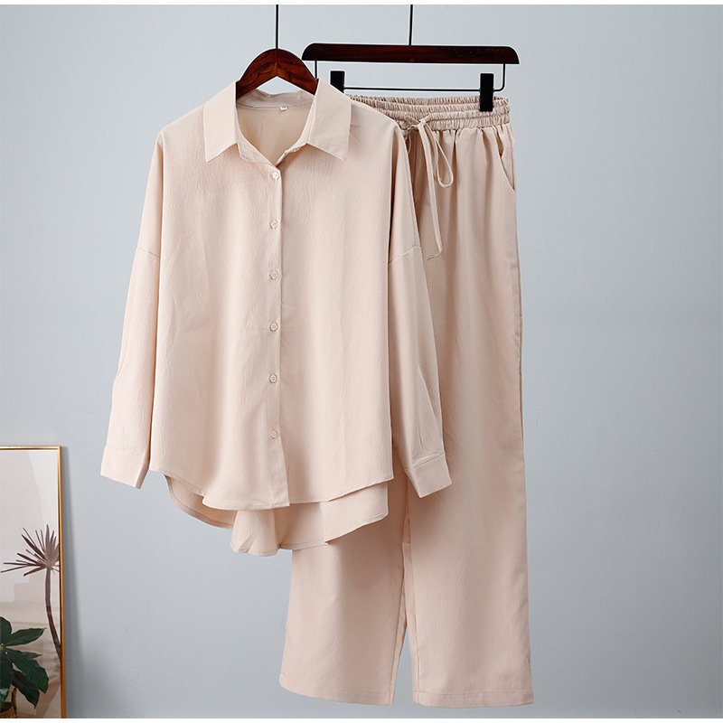 Fashion Europe and the United States style summer fashion loose long-sleeved shirt wide-leg trousers casual suit two-piece set