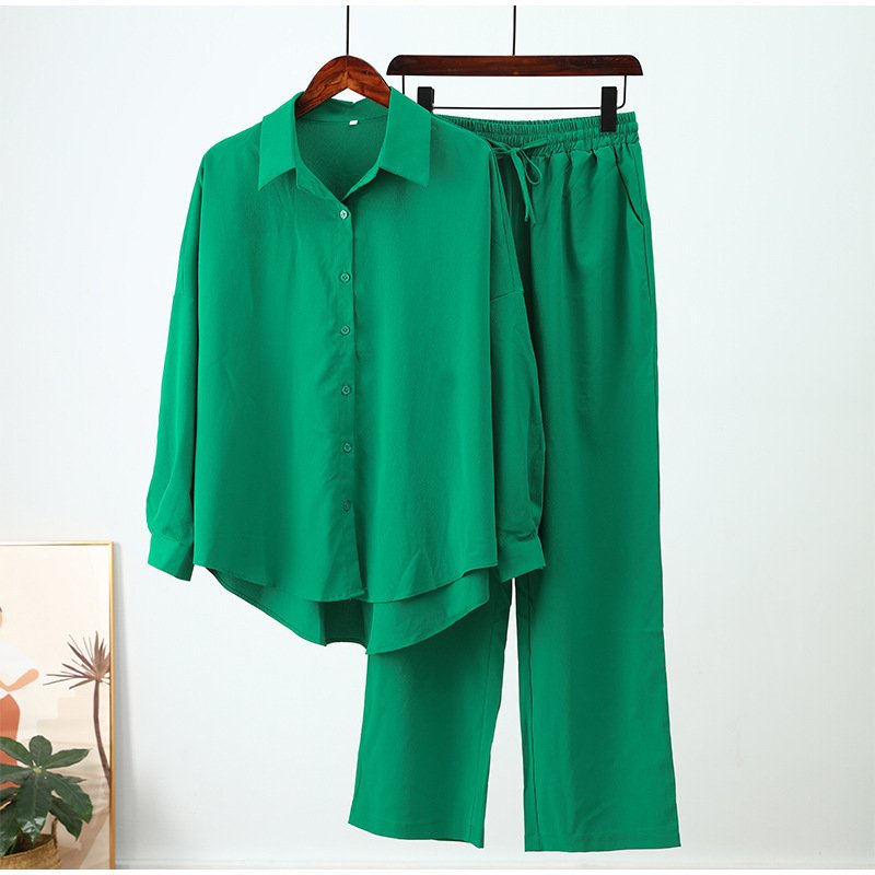 Fashion Europe and the United States style summer fashion loose long-sleeved shirt wide-leg trousers casual suit two-piece set