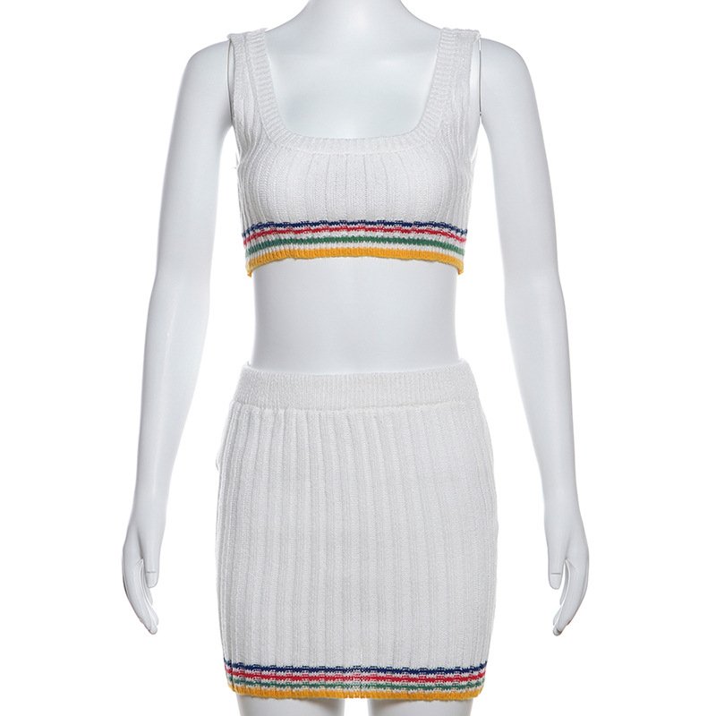 New Knitted Two Piece Set Women Casual Summer Crop Tanks+Matching Hip Skirts Female Outfits women's clothing 2024
