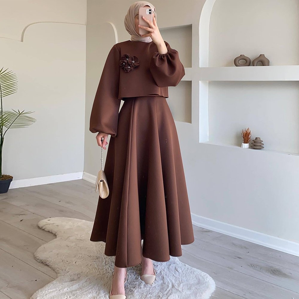 2024 Spring Women's New Solid Color Long Sleeve Lantern Sleeve Loose Dress Women's Dress Islamic Muslim Two Piece Set 7110