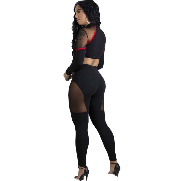 New Sport Set Mesh Patchwork Two Piece Set Woman Yoga Fitness Clothing Long Sleeves Lace Gym Wear