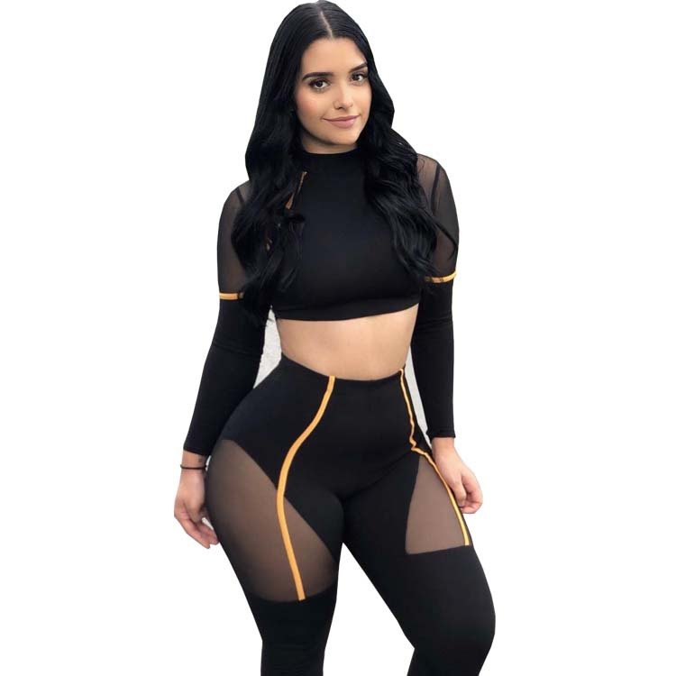 New Sport Set Mesh Patchwork Two Piece Set Woman Yoga Fitness Clothing Long Sleeves Lace Gym Wear