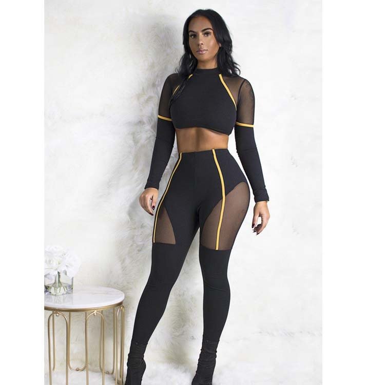New Sport Set Mesh Patchwork Two Piece Set Woman Yoga Fitness Clothing Long Sleeves Lace Gym Wear