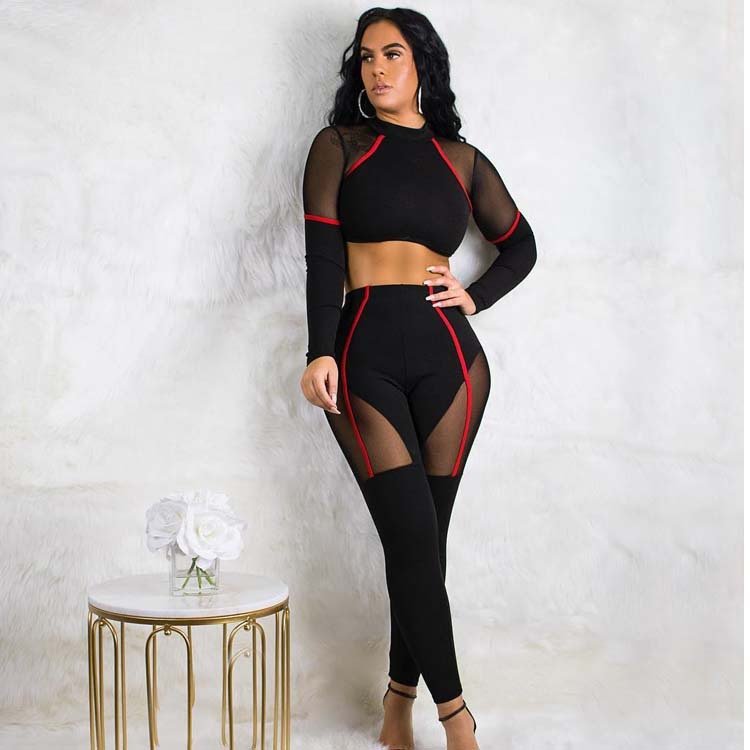 New Sport Set Mesh Patchwork Two Piece Set Woman Yoga Fitness Clothing Long Sleeves Lace Gym Wear