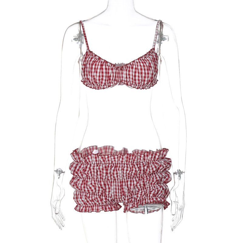 2024 summer boutique beachwear plaid cute two piece short set ruched women's sets