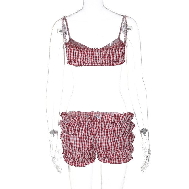 2024 summer boutique beachwear plaid cute two piece short set ruched women's sets