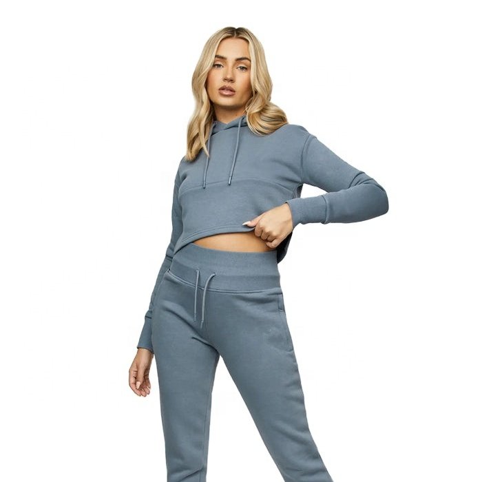 women's fitness tracksuit set warm long sleeve casual crop top hoodie & sweatpants sportswear