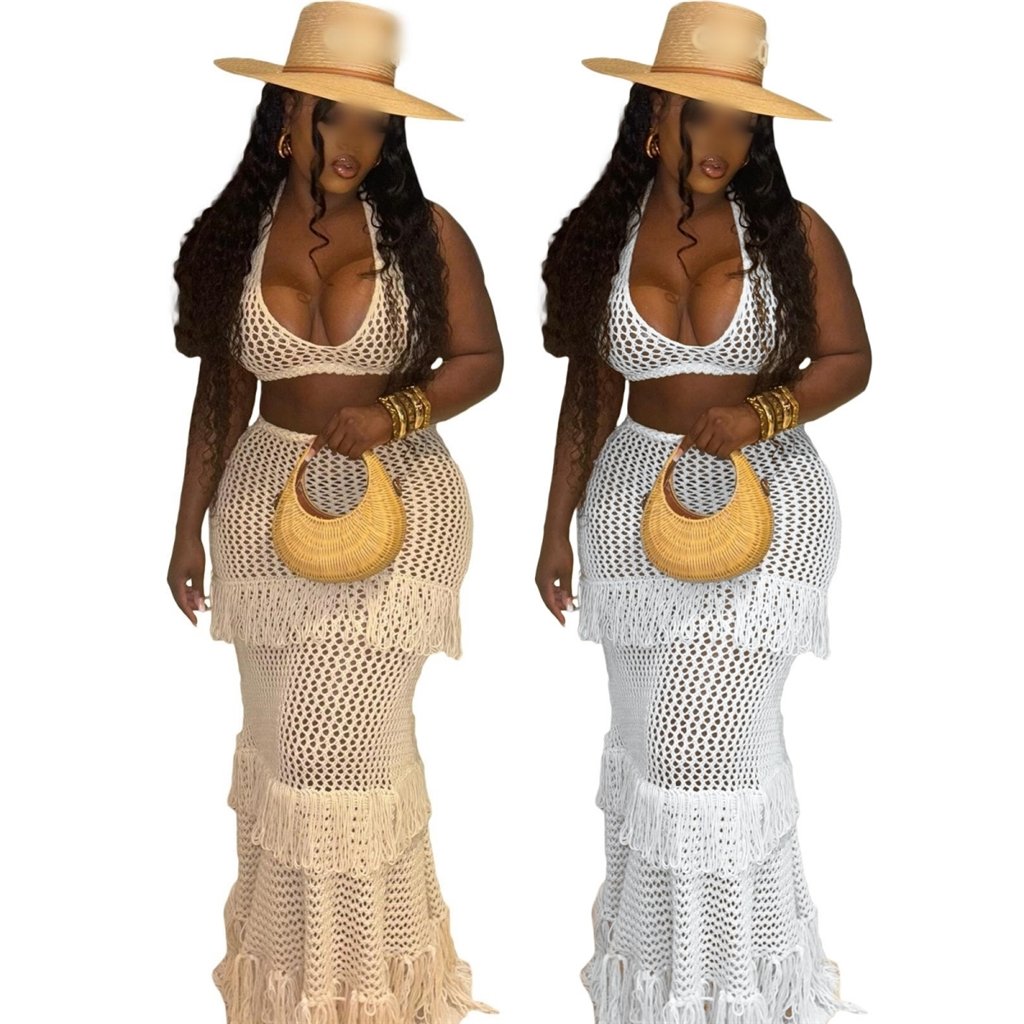 ZHEZHE Summer Hollow Out Slash Neck Sleeveless Crop Top And Skirt 2 Piece Set Solid Skinny Casual Tassel Women's Set