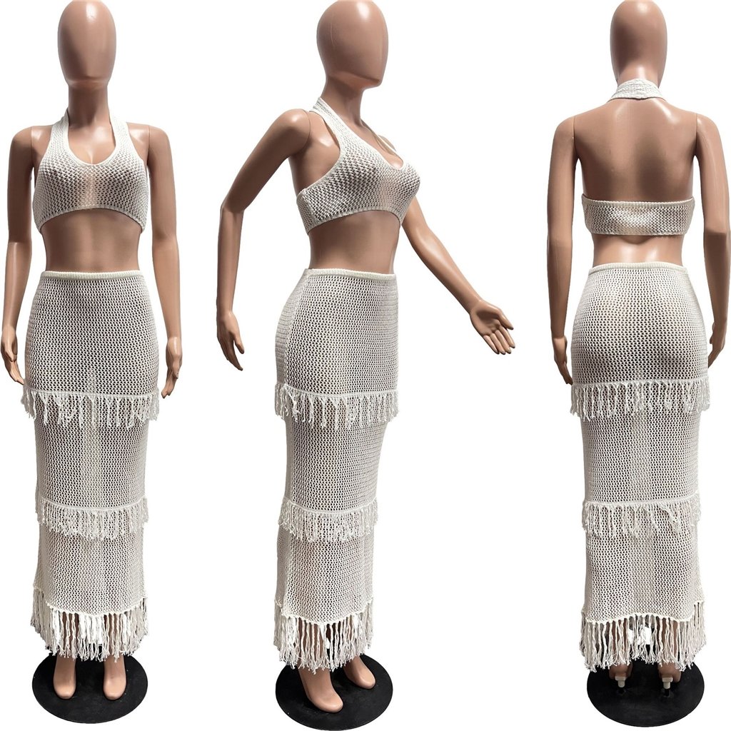 ZHEZHE Summer Hollow Out Slash Neck Sleeveless Crop Top And Skirt 2 Piece Set Solid Skinny Casual Tassel Women's Set