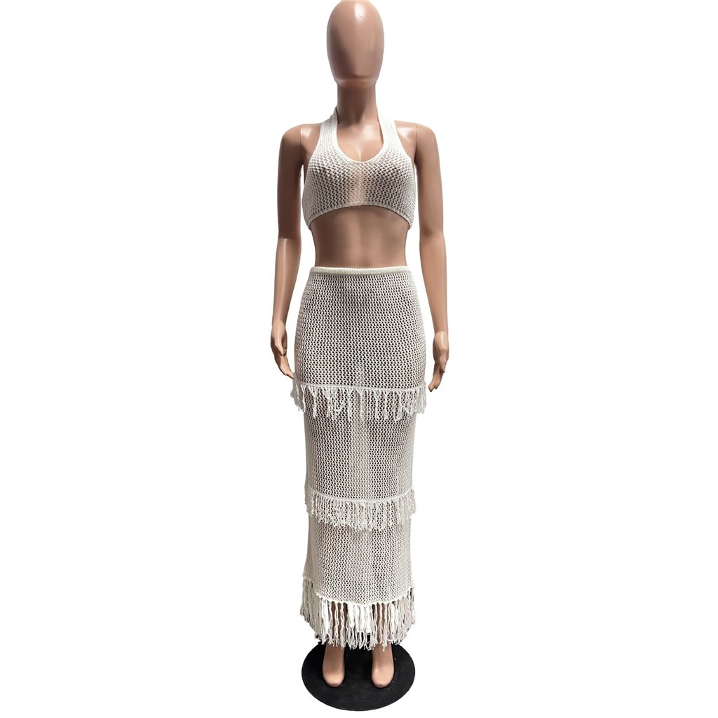 ZHEZHE Summer Hollow Out Slash Neck Sleeveless Crop Top And Skirt 2 Piece Set Solid Skinny Casual Tassel Women's Set