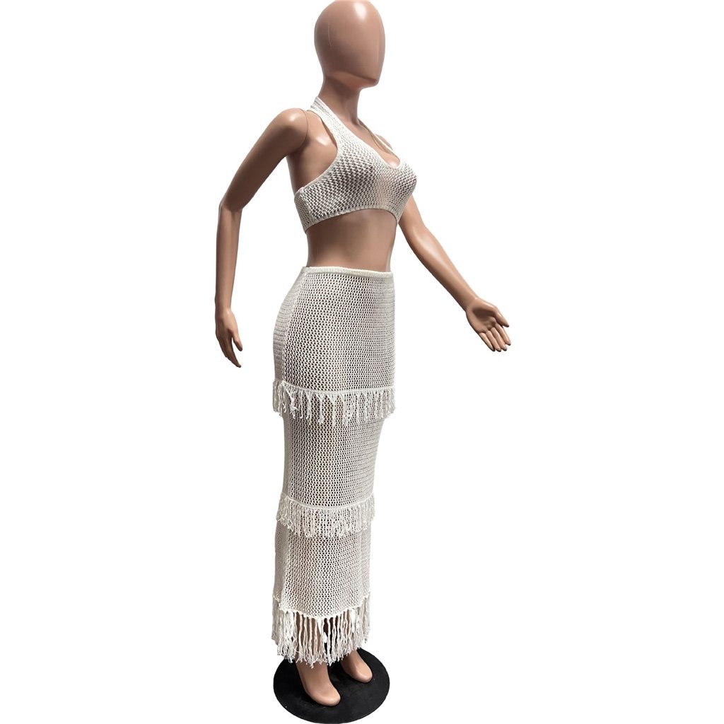 ZHEZHE Summer Hollow Out Slash Neck Sleeveless Crop Top And Skirt 2 Piece Set Solid Skinny Casual Tassel Women's Set