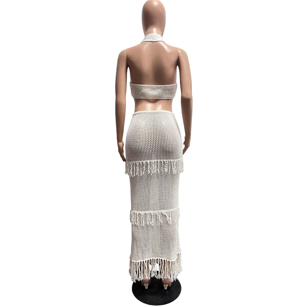ZHEZHE Summer Hollow Out Slash Neck Sleeveless Crop Top And Skirt 2 Piece Set Solid Skinny Casual Tassel Women's Set