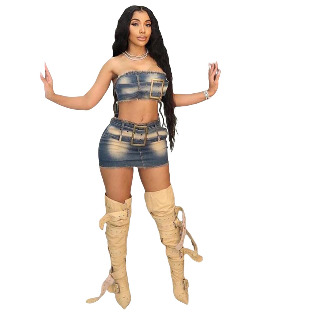 Wholesale DESIGNERS Famous brand clothing set Denim crop tank top skirts two piece set for women