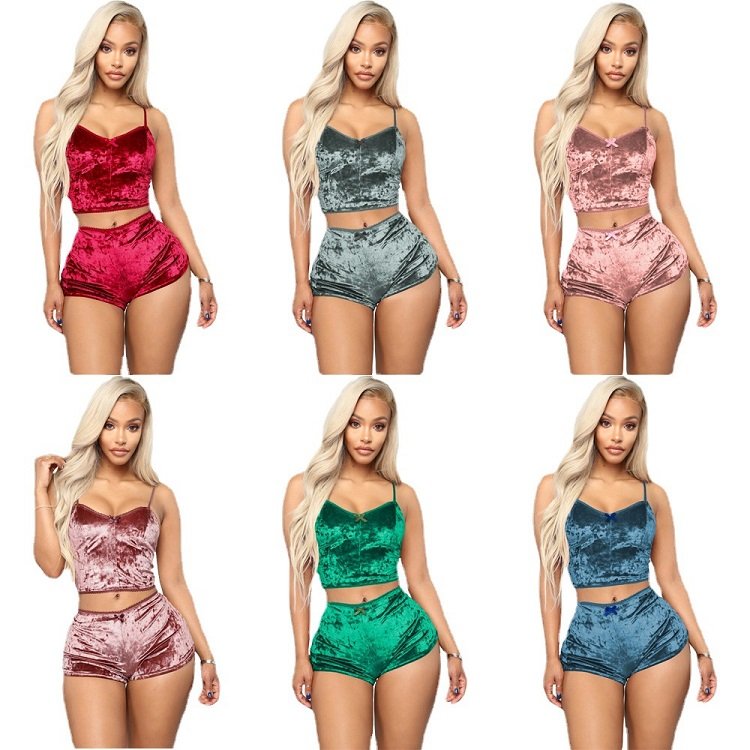 High quality sexy Slip Nightwear summer velour two piece Pajama sets for women 2 piece sleepwear short Velvet women's sets