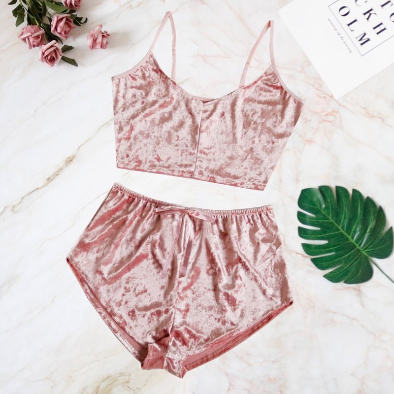 High quality sexy Slip Nightwear summer velour two piece Pajama sets for women 2 piece sleepwear short Velvet women's sets