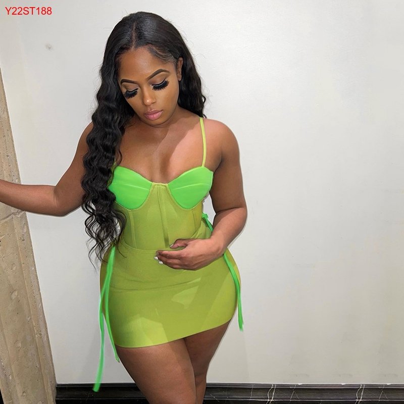 women's sets Summer New Hot Suit Color Patchwork Strap Bodysuit Party Wear Elastic Waist Mini Skirt Set women clothing