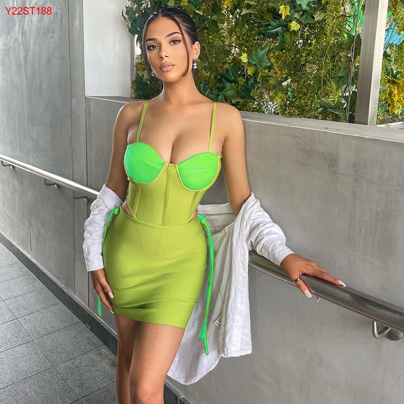 women's sets Summer New Hot Suit Color Patchwork Strap Bodysuit Party Wear Elastic Waist Mini Skirt Set women clothing