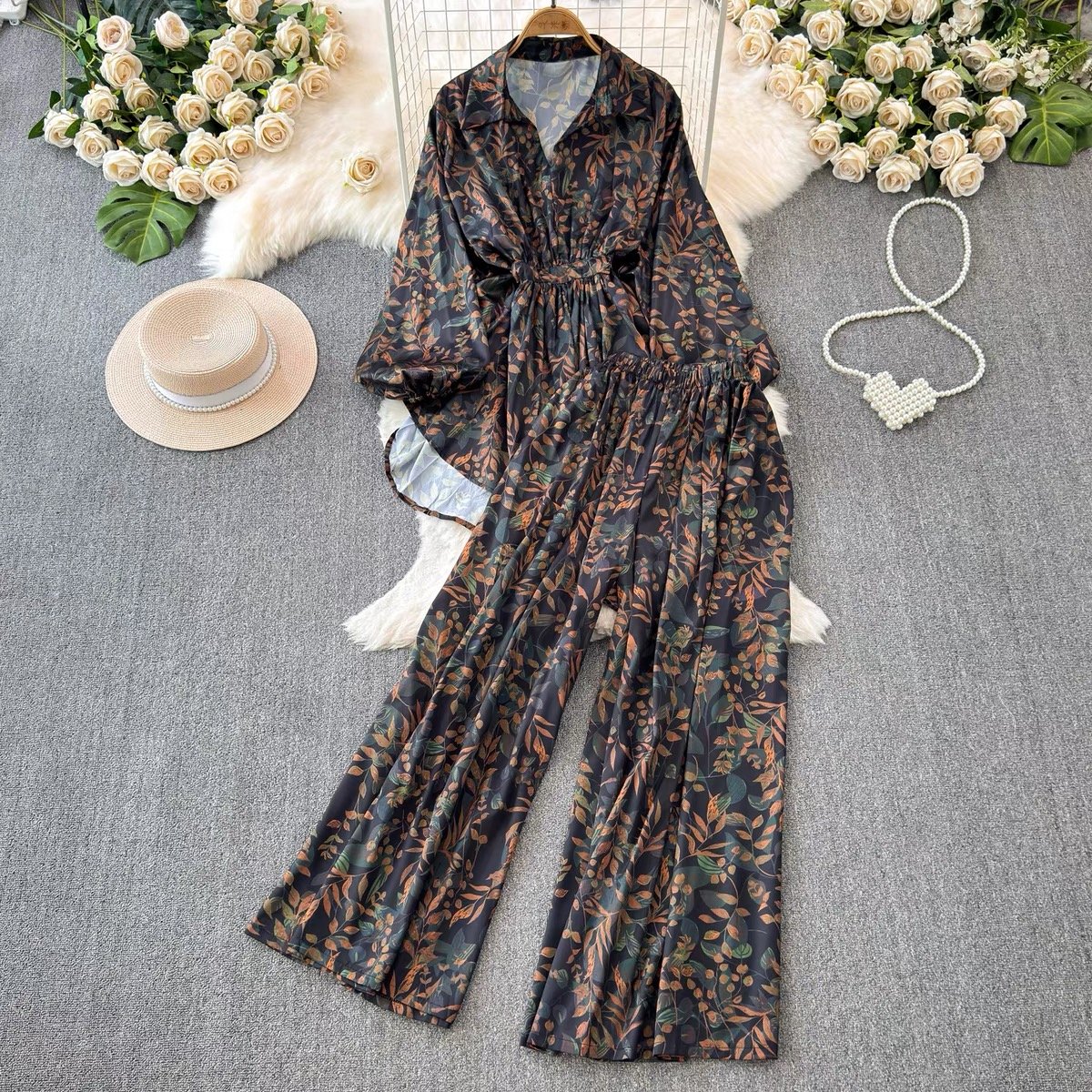 Casual Fashion Print Satin Material Plus Size Loose Blouse and Pants 2 Pieces Women's Set