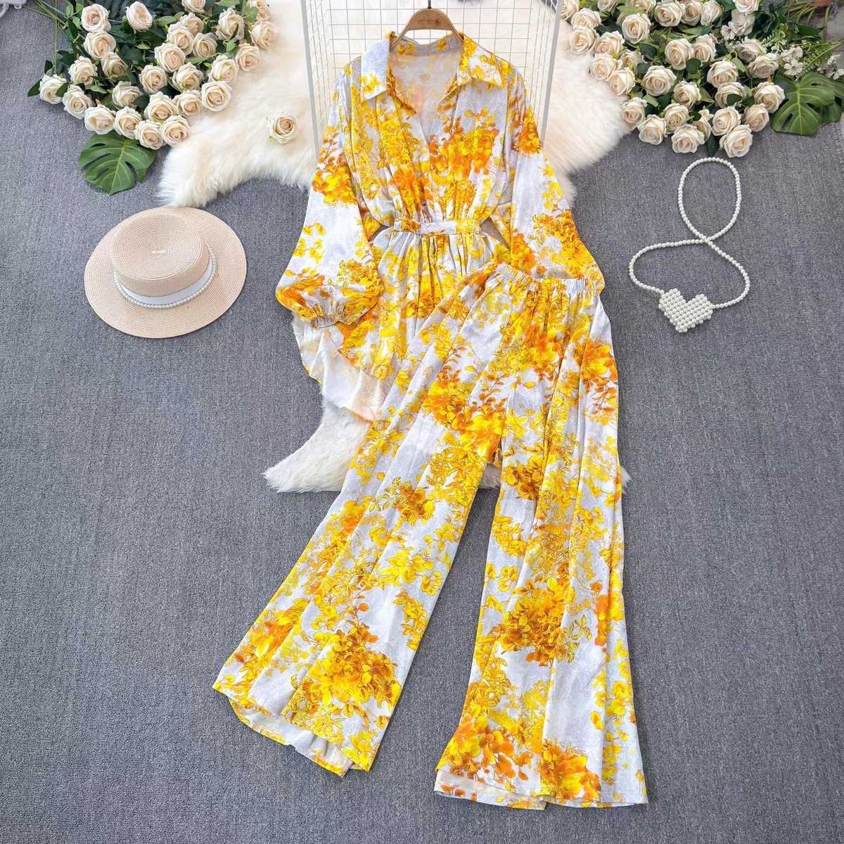 Casual Fashion Print Satin Material Plus Size Loose Blouse and Pants 2 Pieces Women's Set