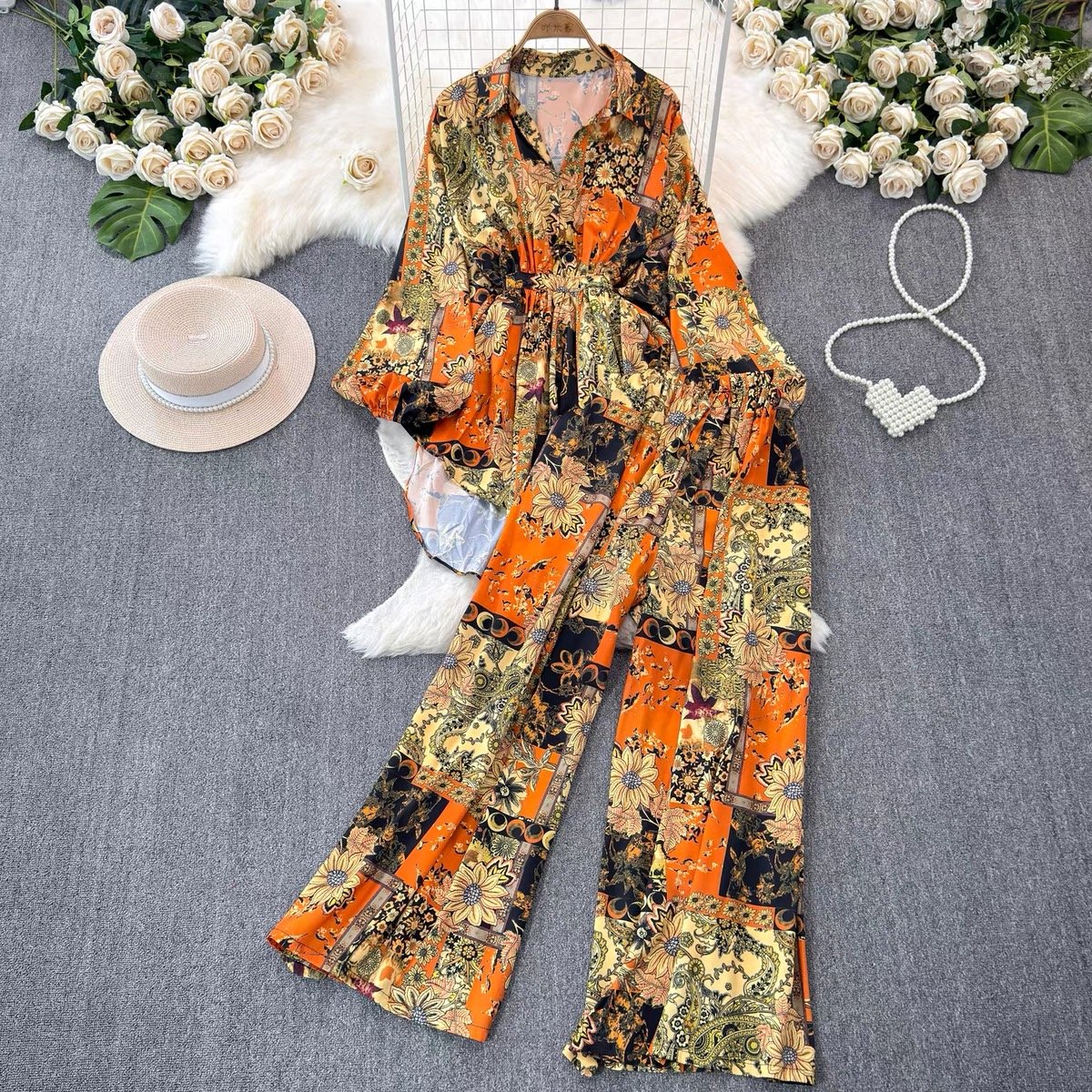 Casual Fashion Print Satin Material Plus Size Loose Blouse and Pants 2 Pieces Women's Set