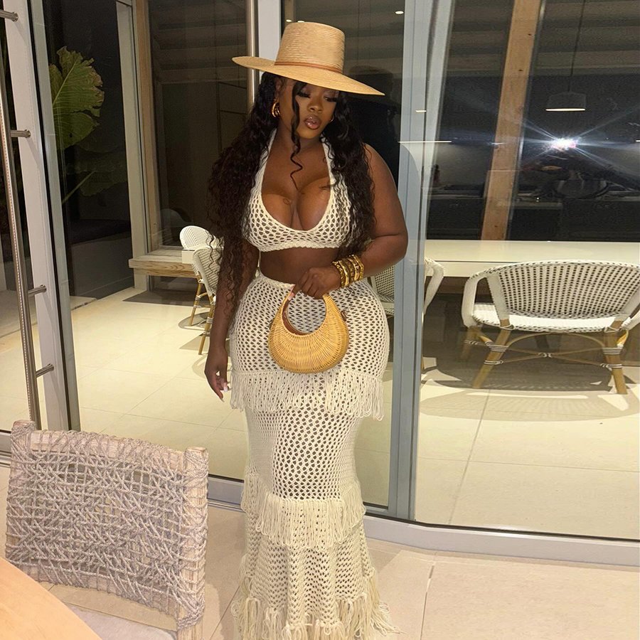 Kliou W24S49264 New Arrivals 2 Piece Set Women Vovataion Beach Wear Two Pieces Sexy Knitted Top+ Skirt Women's Sets