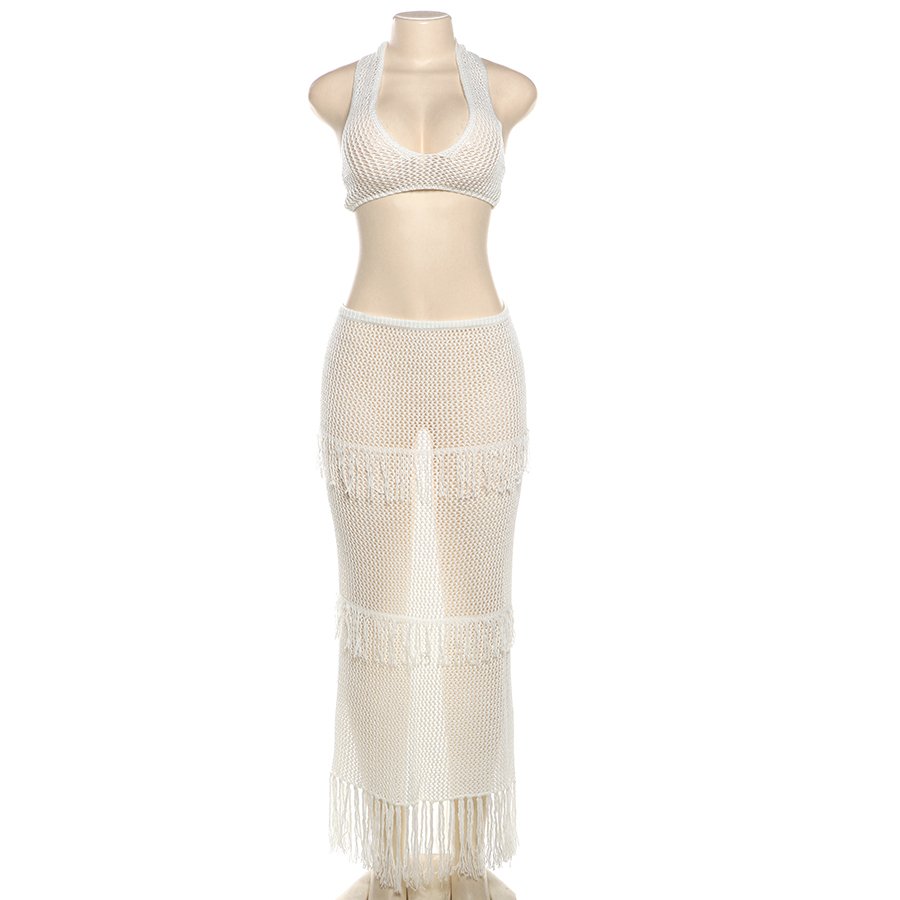 Kliou W24S49264 New Arrivals 2 Piece Set Women Vovataion Beach Wear Two Pieces Sexy Knitted Top+ Skirt Women's Sets