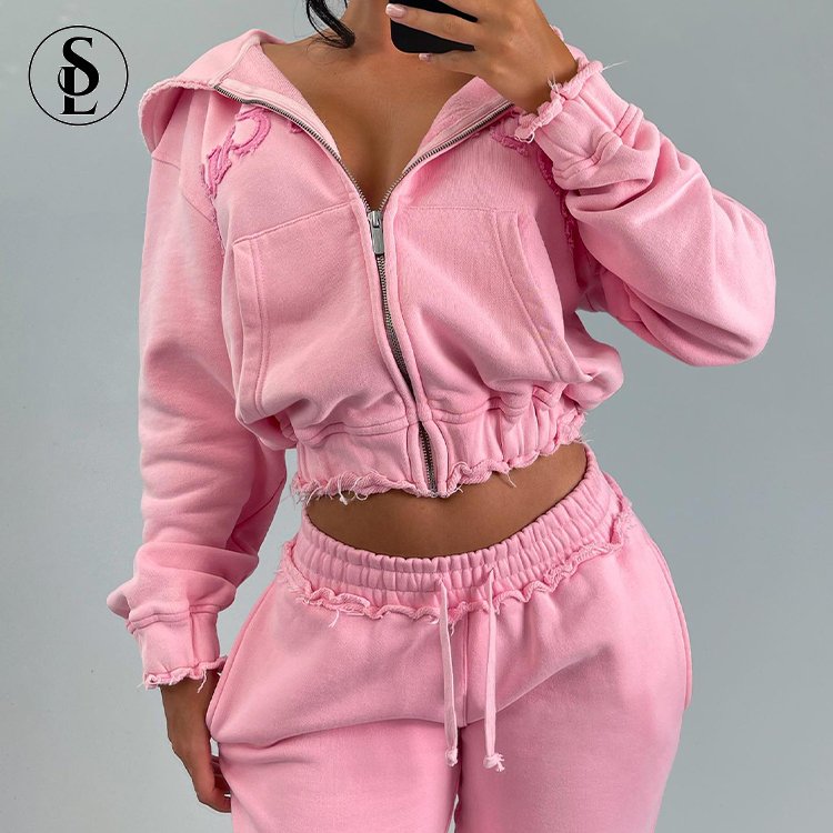 Women's Sets Custom Logo Heavy Weight Streetwear Distressed Vintage Sweatsuits Set Tracksuit Sweatpants Hoodie for Women