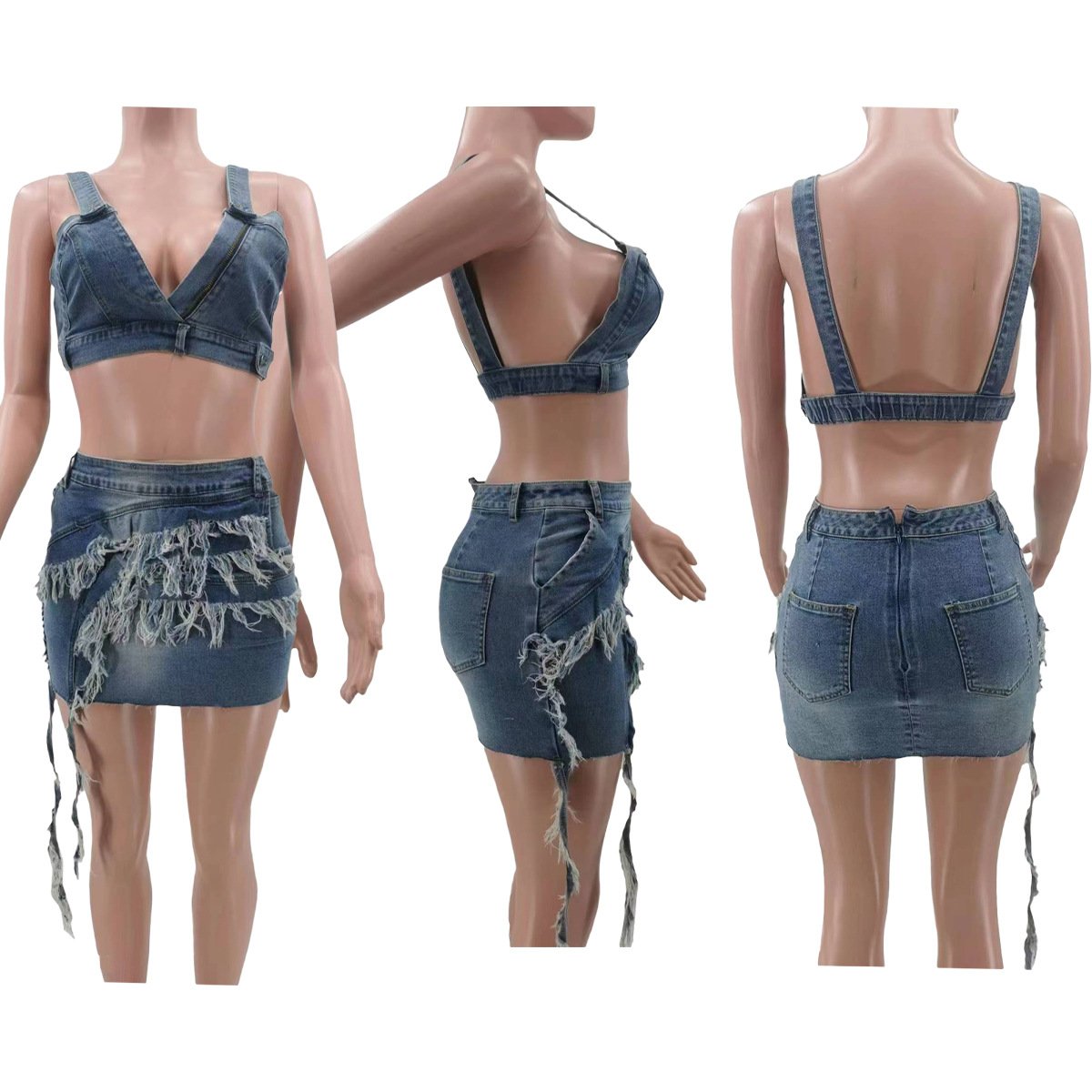 YS13974D elegant women's denim suit tassel two piece skirt sets