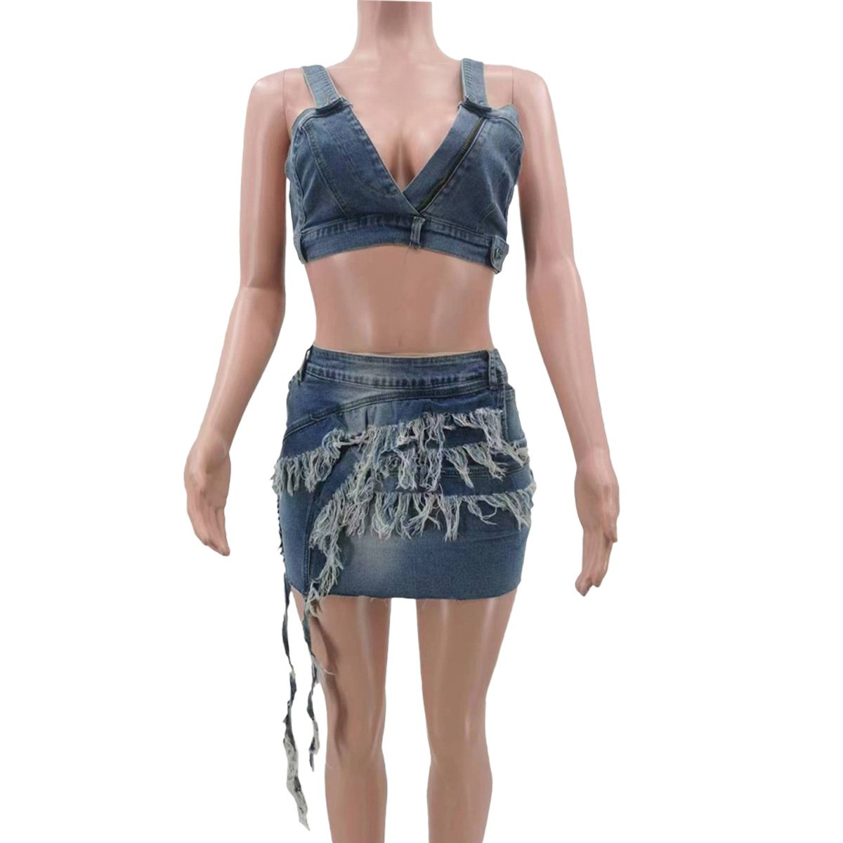 YS13974D elegant women's denim suit tassel two piece skirt sets