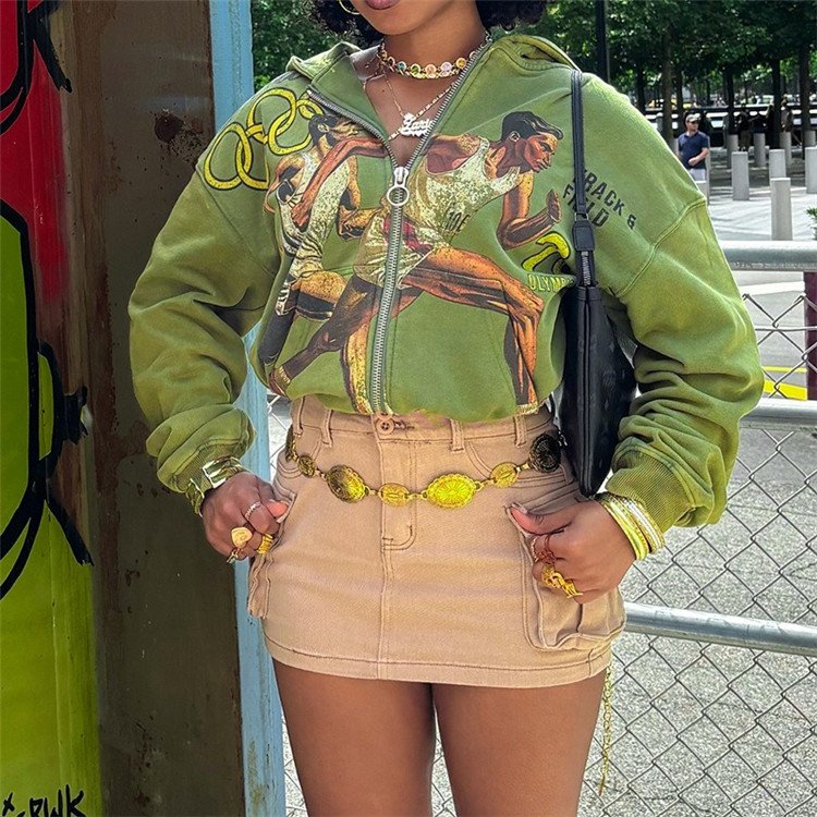 New 2024 Autumn Winter Graphic Printed Zip Up Hoodie Streetwear Fashion Casual Women Cardigan Sweatshirt