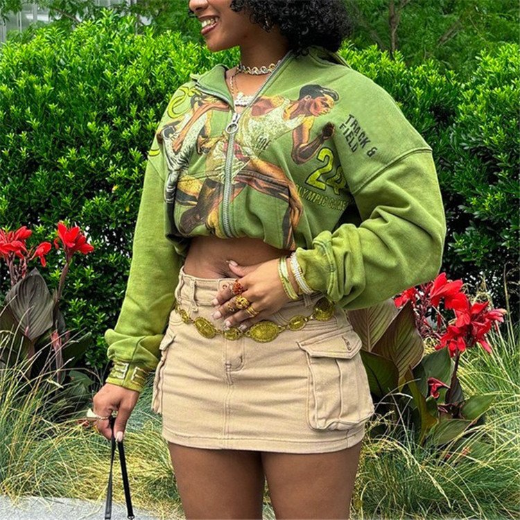 New 2024 Autumn Winter Graphic Printed Zip Up Hoodie Streetwear Fashion Casual Women Cardigan Sweatshirt