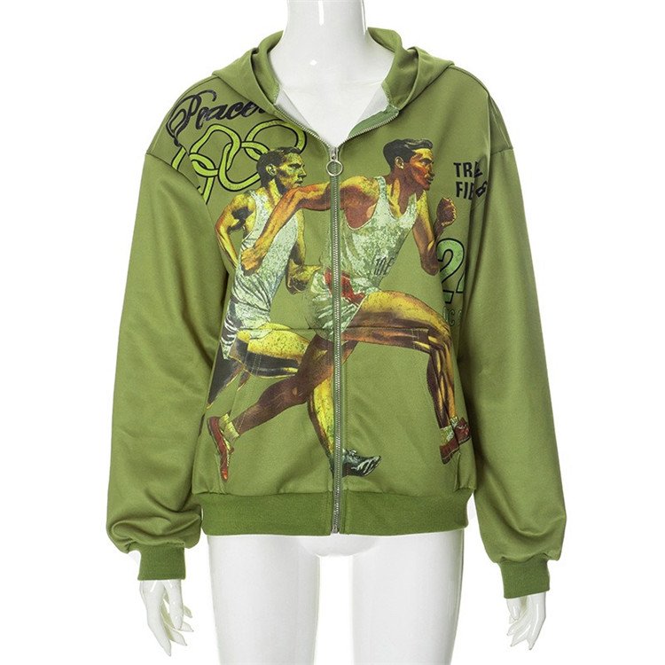 New 2024 Autumn Winter Graphic Printed Zip Up Hoodie Streetwear Fashion Casual Women Cardigan Sweatshirt