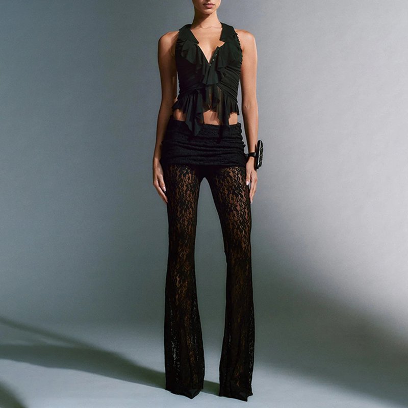 2023 New Fashion Sexy Club Suit Lace Splicing Slim See-through High Waist Pants Sets Women