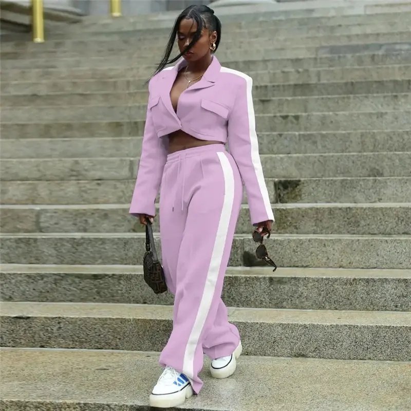 Europe and America Women's stitching long sleeve button casual sexy two-piece suit