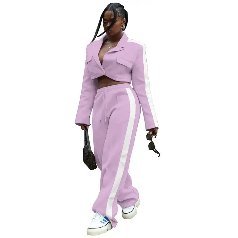 Europe and America Women's stitching long sleeve button casual sexy two-piece suit