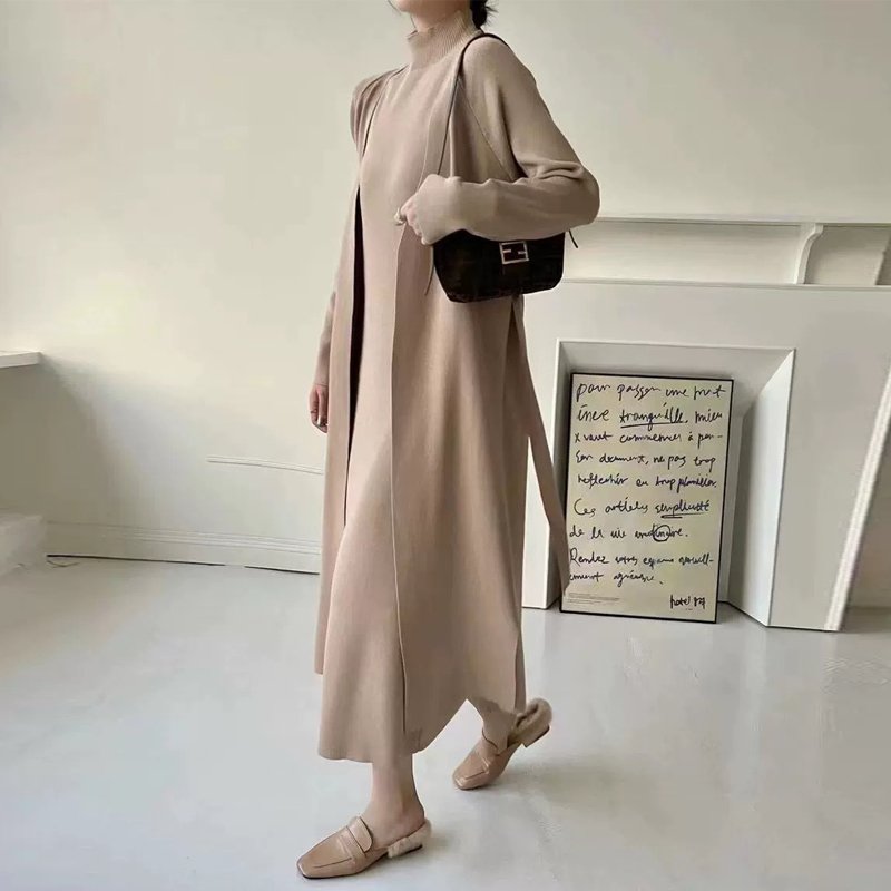 Xiaoxiangfeng Knitted Set Women's 2024 Autumn/Winter Mid to Long Length High End Cardigan Coat Vest Dress
