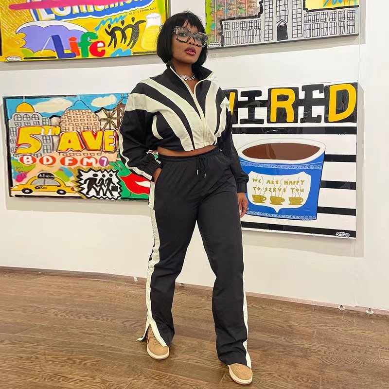 Peeqi FC1286 Fashion fall street women's sports wear two piece pants set contrast color patchwork workout tracksuit women outfit