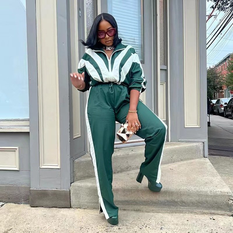Peeqi FC1286 Fashion fall street women's sports wear two piece pants set contrast color patchwork workout tracksuit women outfit