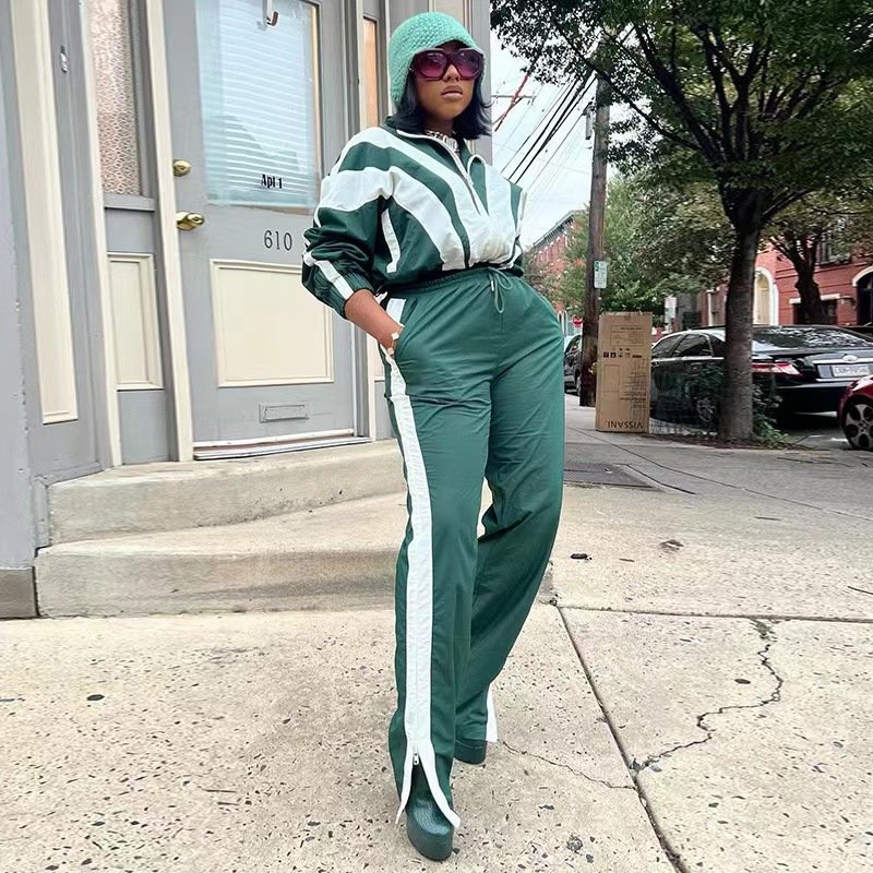 Peeqi FC1286 Fashion fall street women's sports wear two piece pants set contrast color patchwork workout tracksuit women outfit