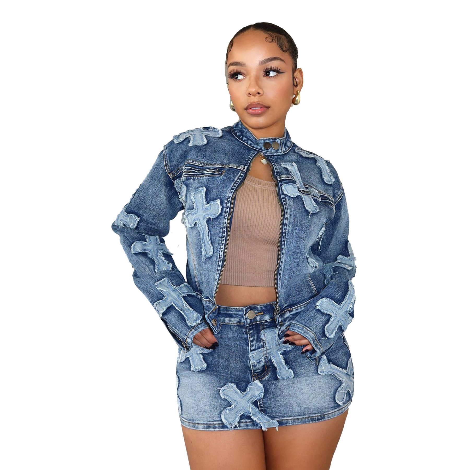Hot Jeans Sexy Cross 3D Embroidery 2 Piece Set Women Elastic Skirt Denim Set Women's Sets for dropshipping