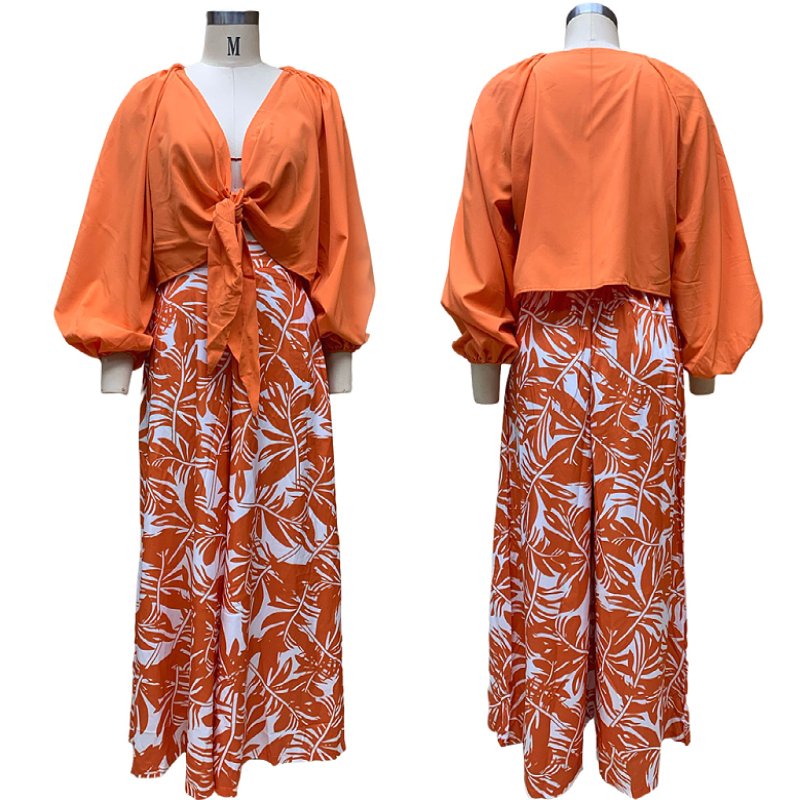women's 2 piece set clothes fashion women temperament printed loose wide leg pants V neck top long sleeve two piece ladies sets