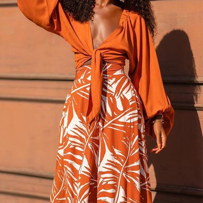 women's 2 piece set clothes fashion women temperament printed loose wide leg pants V neck top long sleeve two piece ladies sets