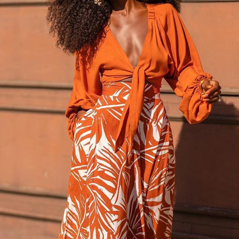 women's 2 piece set clothes fashion women temperament printed loose wide leg pants V neck top long sleeve two piece ladies sets