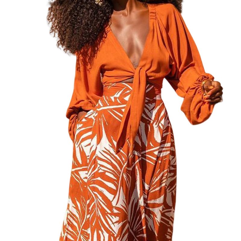 women's 2 piece set clothes fashion women temperament printed loose wide leg pants V neck top long sleeve two piece ladies sets