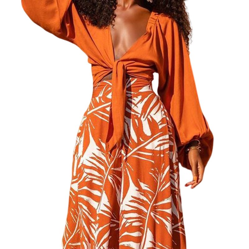 women's 2 piece set clothes fashion women temperament printed loose wide leg pants V neck top long sleeve two piece ladies sets