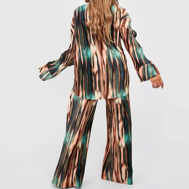 Custom Spring Plus Size Pleated Loungewear Women Tie Dye Plisse Long Sleeve Shirt And Wide Leg Pants Set