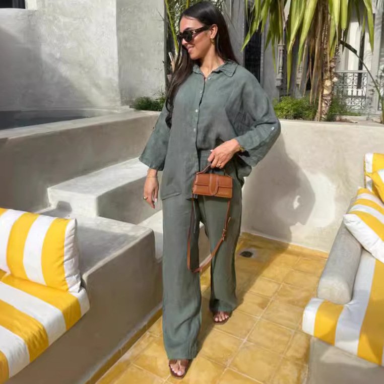 2024 Female Fashion New Summer And Autumn Cotton Linen Vendor Street Wear Women's Suit Fashion Elegant Shirt Two-piece Set
