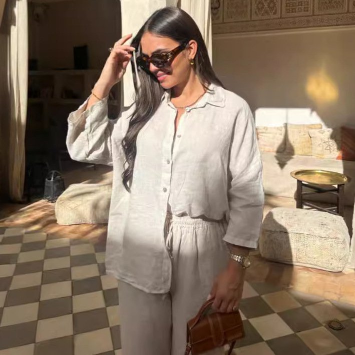 2024 Female Fashion New Summer And Autumn Cotton Linen Vendor Street Wear Women's Suit Fashion Elegant Shirt Two-piece Set