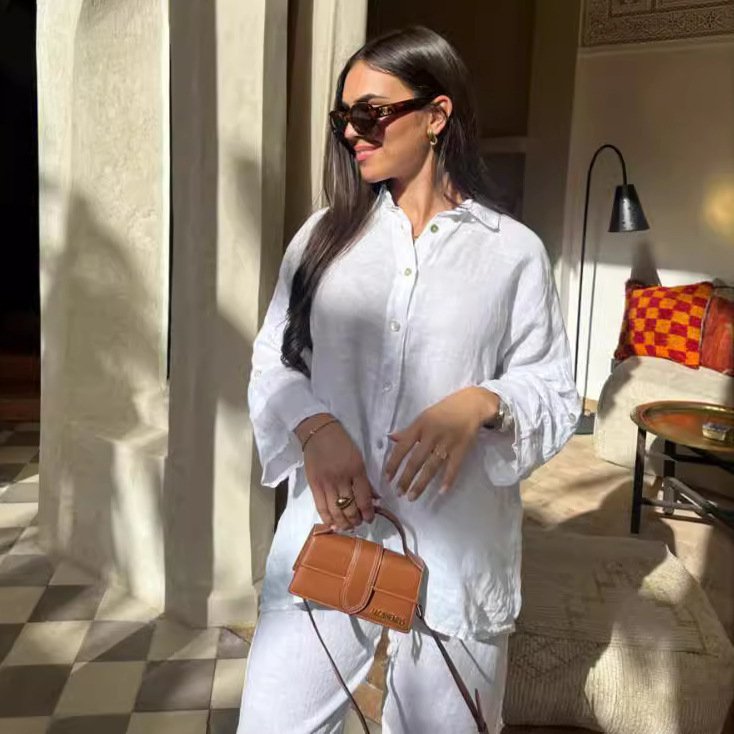 2024 Female Fashion New Summer And Autumn Cotton Linen Vendor Street Wear Women's Suit Fashion Elegant Shirt Two-piece Set