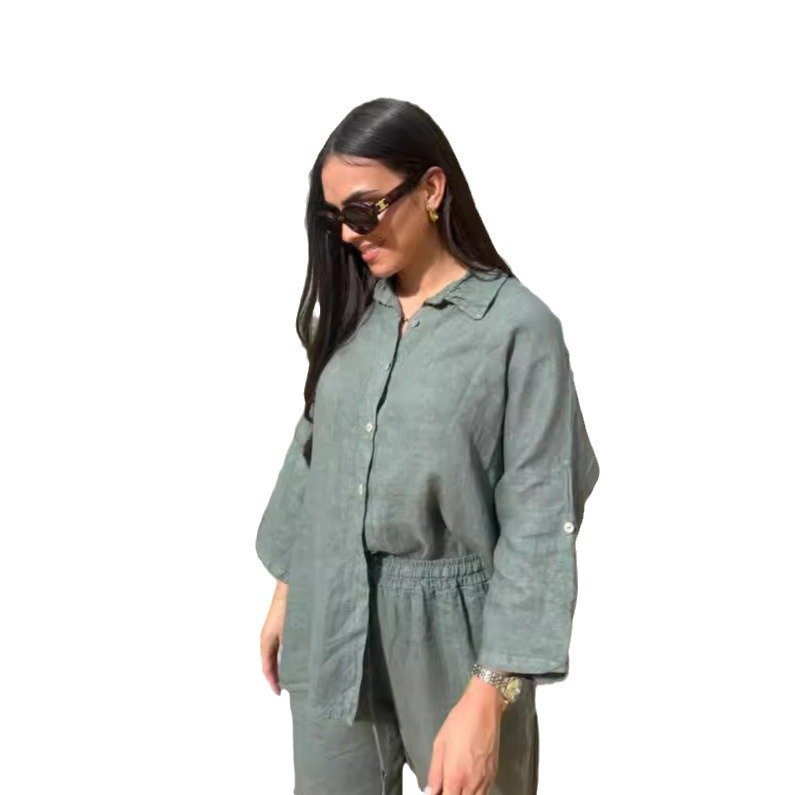 2024 Female Fashion New Summer And Autumn Cotton Linen Vendor Street Wear Women's Suit Fashion Elegant Shirt Two-piece Set